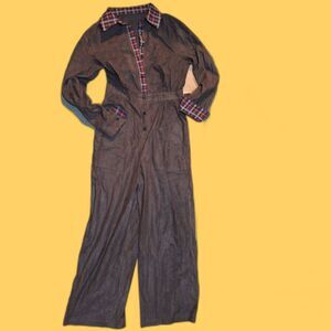 New Faux Suede Brown Ladies Jumpsuit SMALL Plaid Collar & Cuffs